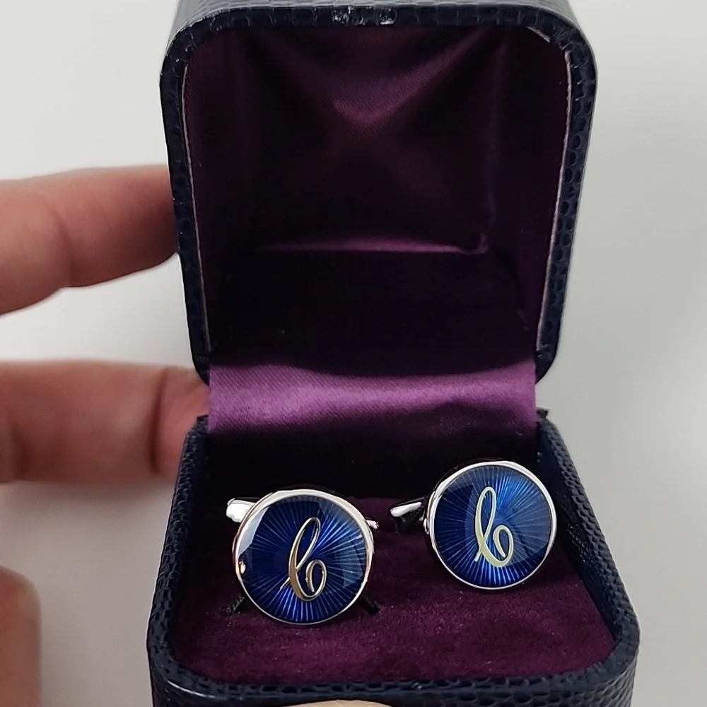 HJ Men's Rhodium Plated 'C' Cufflinks Silver Blue
